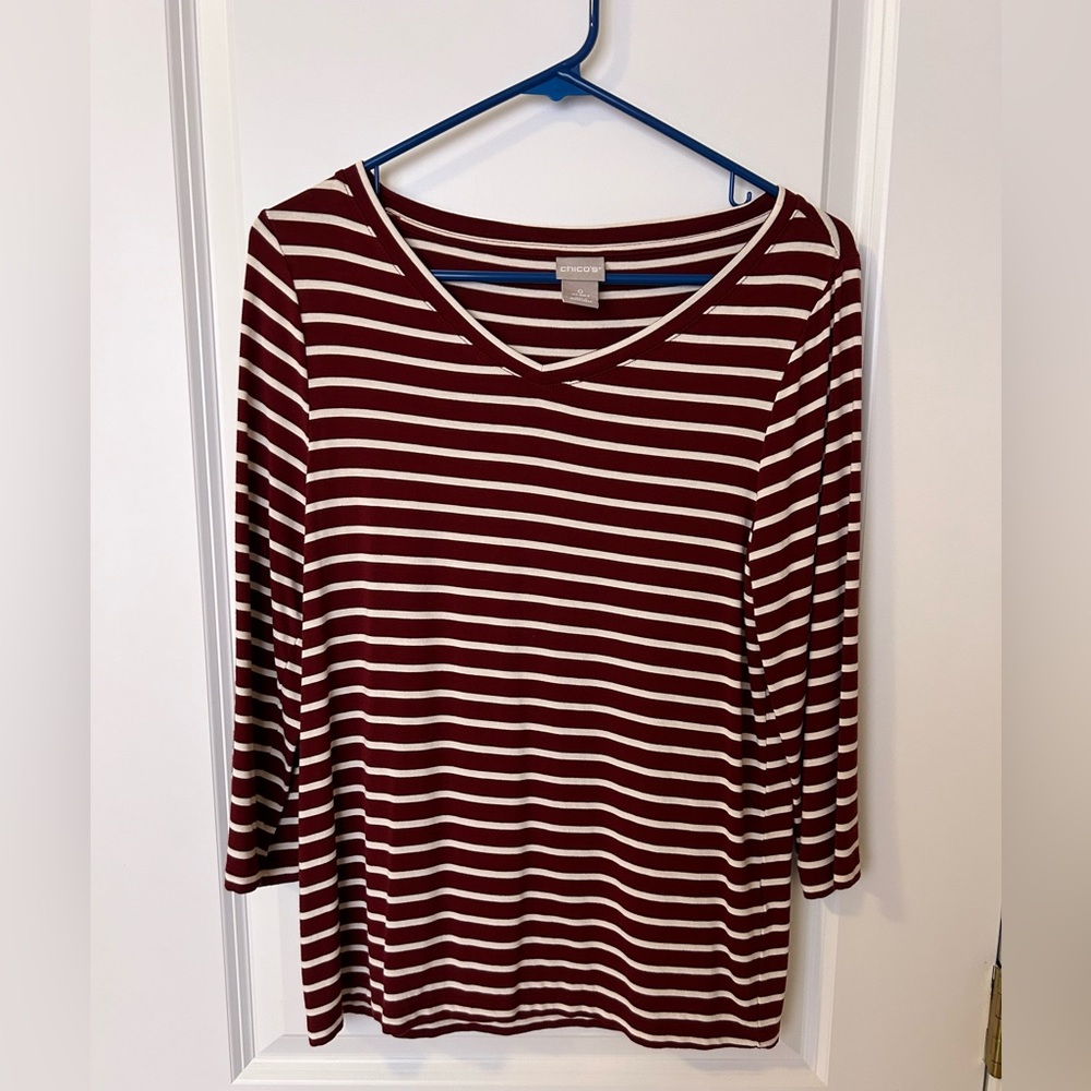 Chico’s striped v-neck, 3/4 sleeve blouse